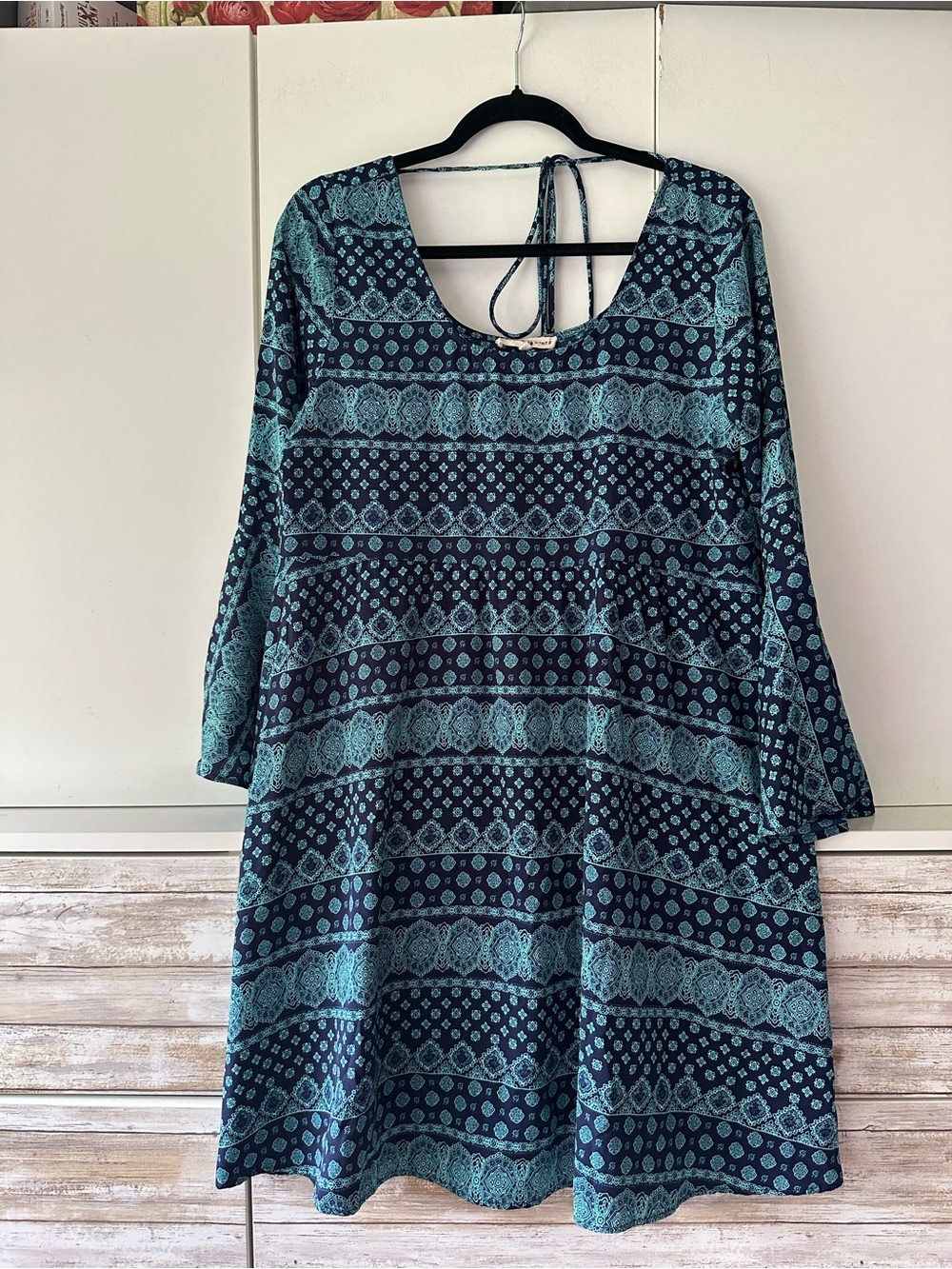 🩵 Altar’d State Boho Bell Sleeve Swing Dress Navy Blue Teal Women’s Large